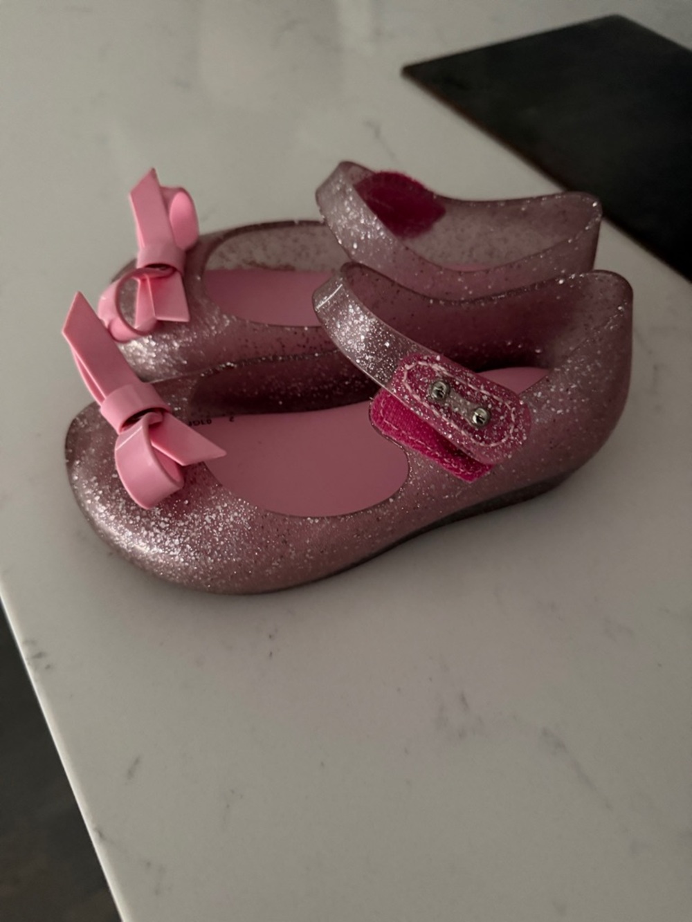 Mini Melissa Glitter Pink Jelly Mary Jane Shoes with Pink Bows